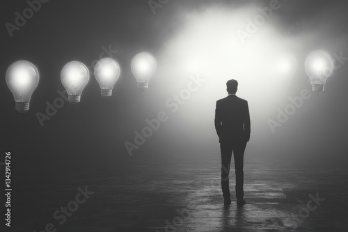 A solitary figure stands in a dark space, surrounded by glowing light bulbs, symbolizing ideas and inspiration emerging from the unknown depths