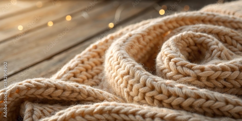 Cozy beige knitted blanket draped on wooden surface with twinkling lights in the background during warm evening hours