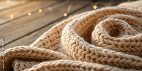 Obraz na płótnie Cozy beige knitted blanket draped on wooden surface with twinkling lights in the background during warm evening hours w salonie