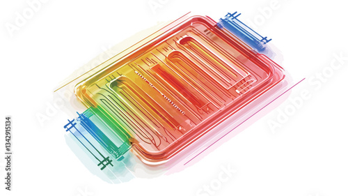 The image showcases a stylized, rectangular structure rendered in a vibrant rainbow color gradient.  The structure appears three-dimensional, with internal elements visible.  It's outlined by