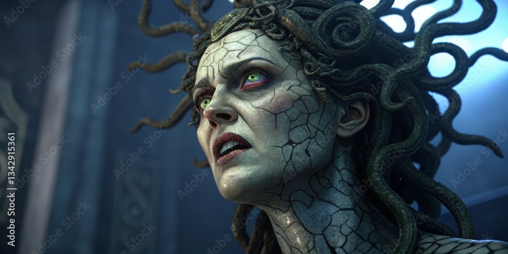 Intricate portrayal of a mythical creature with striking features and captivating expression in a mystical setting