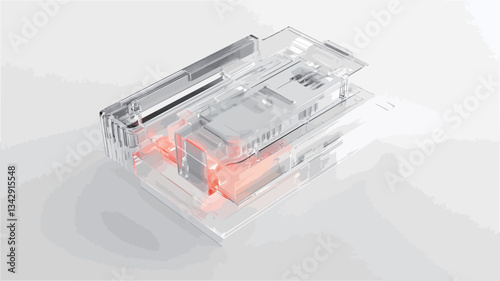 High-angle, close-up macro shot of a transparent plastic connector against a plain white background. The connector reveals internal components and circuitry, with a subtle orange glow emanating