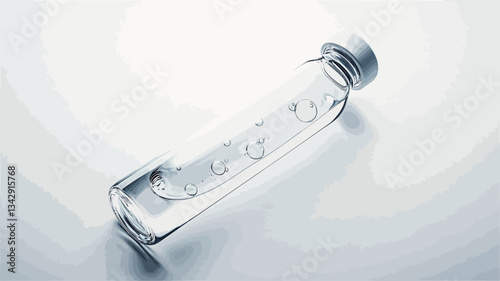 A high-angle, close-up studio shot depicts a clear glass water bottle lying on a white surface.  The bottle is partially filled with water, and the water is visible through the clear glass. The