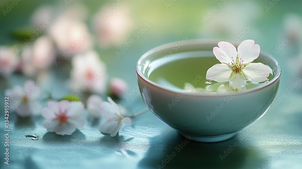 A delicate cup of green tea, its aroma a symphony of floral and vegetal, cradled a single, delicate cherry blossom, a fleeting beauty captured in a moment is tranquility. A delicate cup of green tea, its aroma a symphony of floral and vegetal, cradled a single, delicate cherry blossom, a fleeting beauty captured in a moment is tranquility.