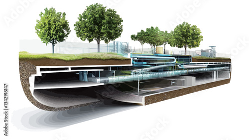 A digital illustration depicting a cross-section of an underground city infrastructure. The image shows a cutaway view revealing various subterranean elements including tunnels, pipes, roadways,