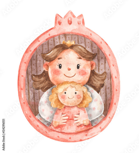Cute watercolor portrait of little princess with doll. Hand-drawn baby girl in pink oval frame. Children illustration isolated on white background. Template for greeting card, invitation