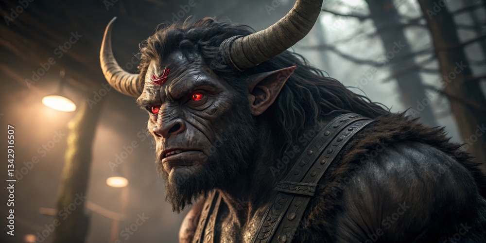 Majestic beast with horns and glowing red eyes standing in a dark forest during twilight