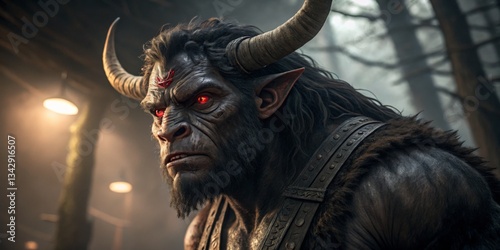 Obraz na płótnie Majestic beast with horns and glowing red eyes standing in a dark forest during twilight w salonie