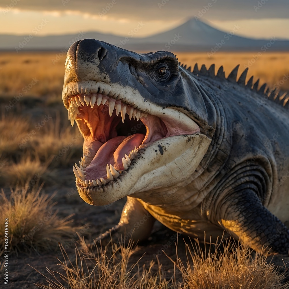Obraz premium Close-Up of Thalassictis with Sharp Teeth and Jaws Against Dusk Landscape