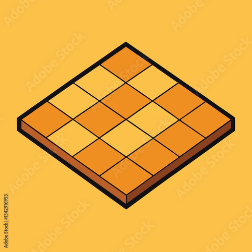 Isometric Puzzle Grid Vector Illustration, An isometric vector illustration of a 4x4 puzzle grid with orange and yellow tiles, perfect for puzzle or game concepts.
