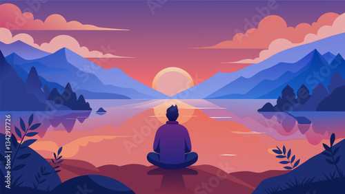 A person visualizes themselves sitting by a quiet lake watching the sunset and feeling a sense of serenity and tranquility wash over them.. Vector illustration