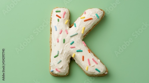 Colorful Letter K Cookie with Sprinkles on Soft Green Background