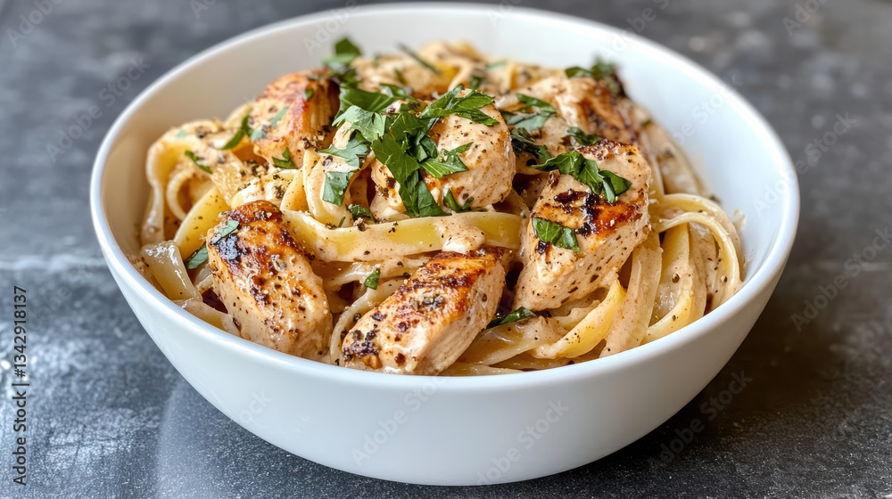 Creamy and spicy Cajun chicken pasta with fettuccine and herbs Creamy and spicy Cajun chicken pasta with fettuccine and herbs