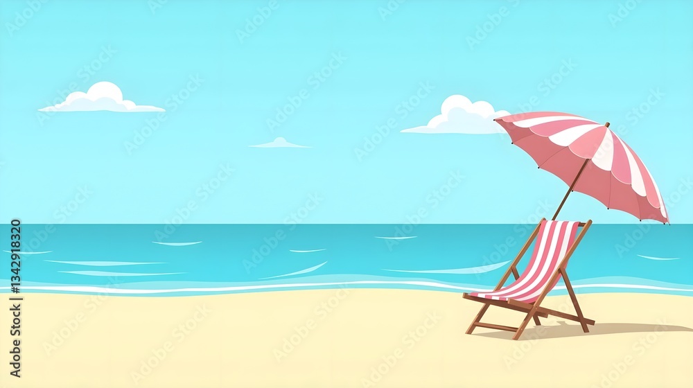 Beach chair and umbrella on sea coast illustration for summer season. Relax, holiday concept Beach chair and umbrella on sea coast illustration for summer season. Relax, holiday concept