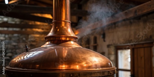 Copper brewing kettle emits steam in rustic brewery during afternoon hours, showcasing traditional craftsmanship and brewing process