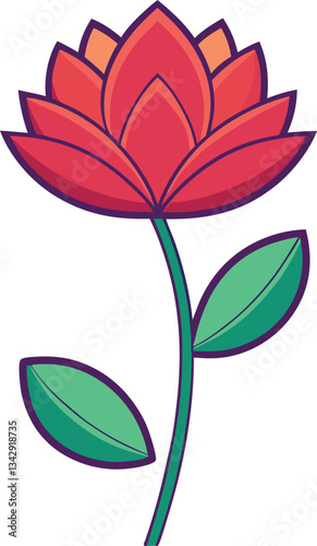 Flower Vector Illustration, Stylized vector illustration of a red flower with green leaves and a tall stem, ideal for floral and nature-themed designs.

