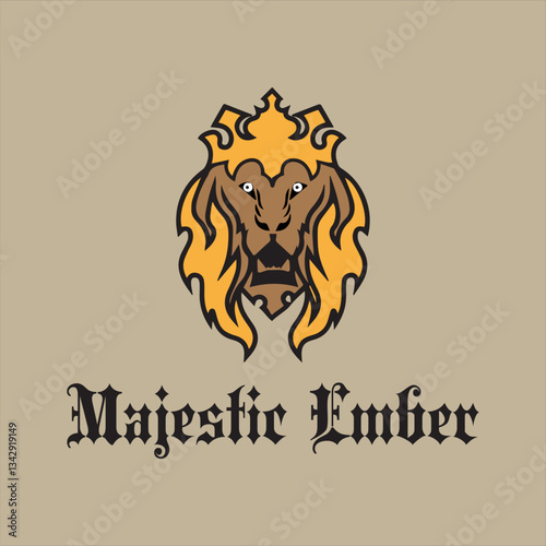 Unique logo with gothic lion head design, complemented by elegant fire elements. Gold and brown colors give a luxurious, strong, and authoritative impression. Suitable for business branding.