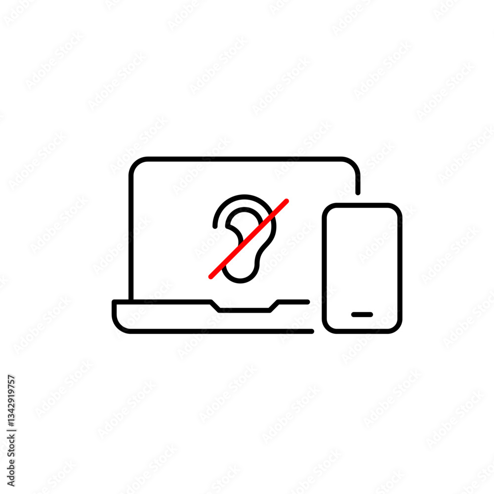 Laptop and phone with a crossed-out ear, site with no sound or muted audio content. Silent user mode, no voice commands. Pixel perfect, editable stroke vector icon Laptop and phone with a crossed-out ear, site with no sound or muted audio content. Silent user mode, no voice commands. Pixel perfect, editable stroke vector icon