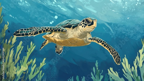A graceful sea turtle swimming in the blue waters of the sea