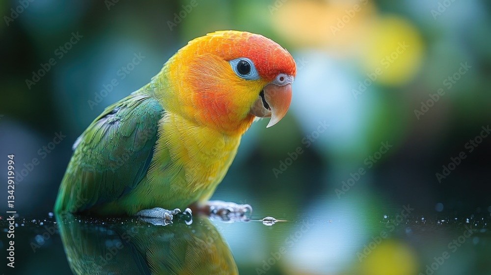 Obraz premium A playful parakeet engaging with its reflection in a shiny mirror, showcasing vibrant colors and intricate feather details in a vivid photograph.