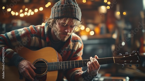 Man Playing Acoustic Guitar in Cozy Cabin