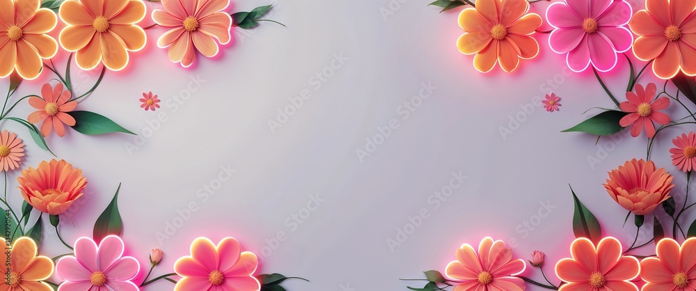 Naklejka premium orange pink gradient glowing neon edges of flower patterns on plain white background illustration design concept backdrop
