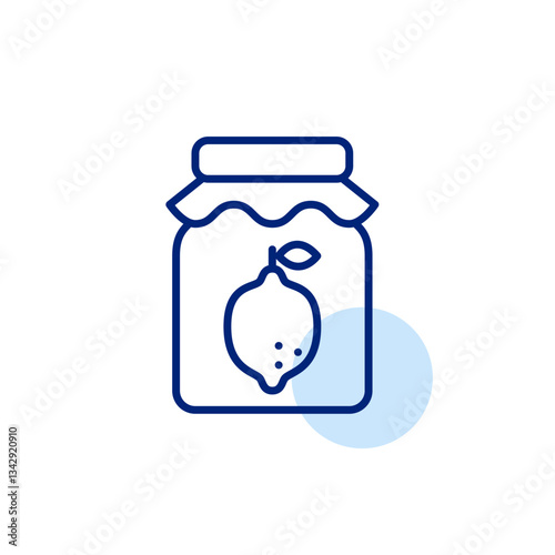 Lemon jam in bottle. Farmers preserves, groceries shopping. Food and desserts. Pixel perfect, editable stroke vector icon