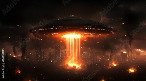 Wallpaper Mural A colossal alien mothership hovers over a crumbling city, unleashing beams of destruction as terrified humans flee. Torontodigital.ca