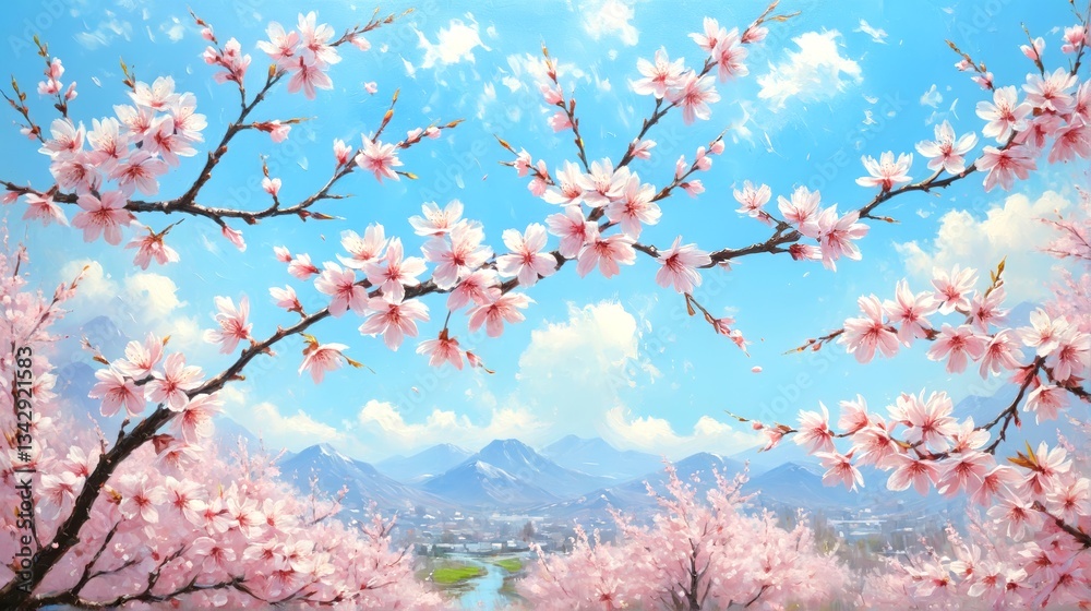 Sakura Spring: A Peaceful Scene of Cherry Blossoms Blooming Against a Blue Sky with Distant Mountains. A Beautiful Painting of Cherry Blossoms in Full Bloom Against a Blue Sky. 2 Sakura Spring: A Peaceful Scene of Cherry Blossoms Blooming Against a Blue Sky with Distant Mountains. A Beautiful Painting of Cherry Blossoms in Full Bloom Against a Blue Sky. 2