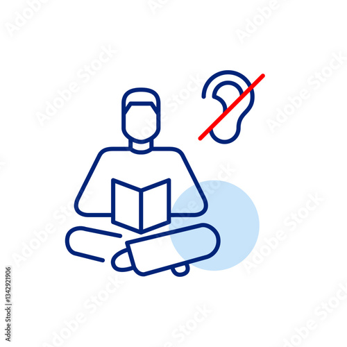 Man sitting comfortably and reading a book, ear crossed. Noise free quiet environment. Text-based learning for hearing impaired people. No audio books. Pixel perfect, editable stroke vector icon