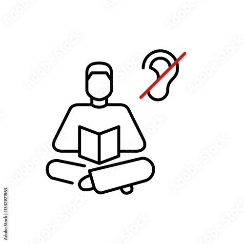 Man sitting comfortably and reading a book, ear crossed. Noise free quiet environment. Text-based learning for hearing impaired people. No audio books. Pixel perfect, editable stroke vector icon