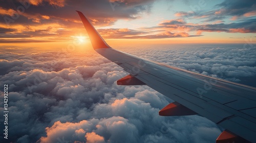 A perspective of a commercial aircraft's wing in flight, wide-angle with the horizon visible and soft clouds below, enhancing the sense of travel.