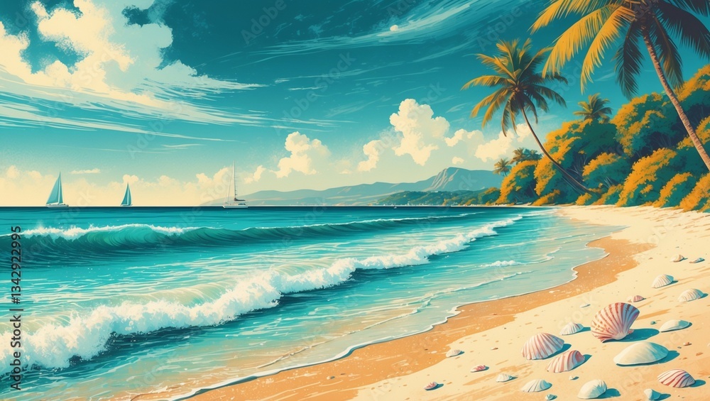 Relaxing tropical beach with palm trees, turquoise water, and clear sky Relaxing tropical beach with palm trees, turquoise water, and clear sky