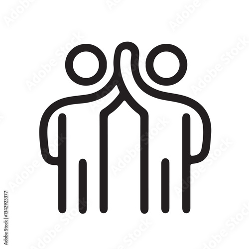 Outline icon two people give high-five or people together holding hands with their hands raised up. Friendly greeting, volunteers, teamwork, support. Vector illustration isolated on white background.