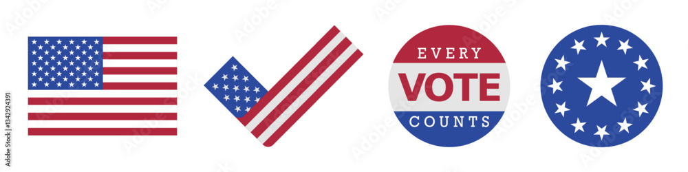 Flag, check mark, badge, round emblem. American emblem template. Flat vector illustration isolated on white background. Flag, check mark, badge, round emblem. American emblem template. Flat vector illustration isolated on white background.