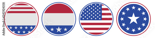 Round circle badge emblems with American flag design. Flat vector illustration isolated on white