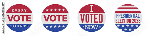 Round circle badge emblems with American flag design. 2028 United States presidential election. Flat vector illustration isolated on white background.