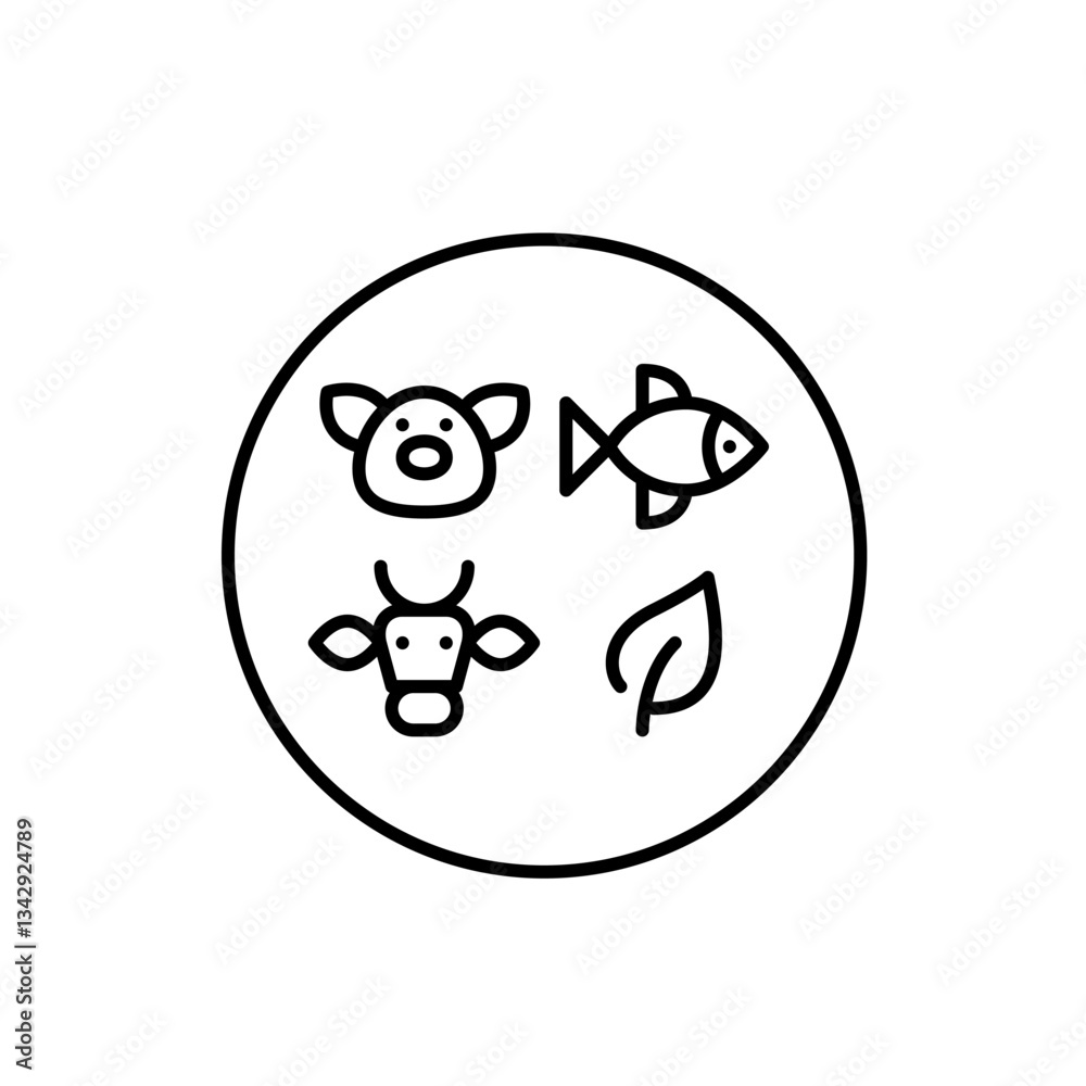 Pork, beef, fish or vegetables as sources of protein. Diet restrictions. Restaurant or takeaway menu. Pixel perfect, editable stroke vector icon Pork, beef, fish or vegetables as sources of protein. Diet restrictions. Restaurant or takeaway menu. Pixel perfect, editable stroke vector icon