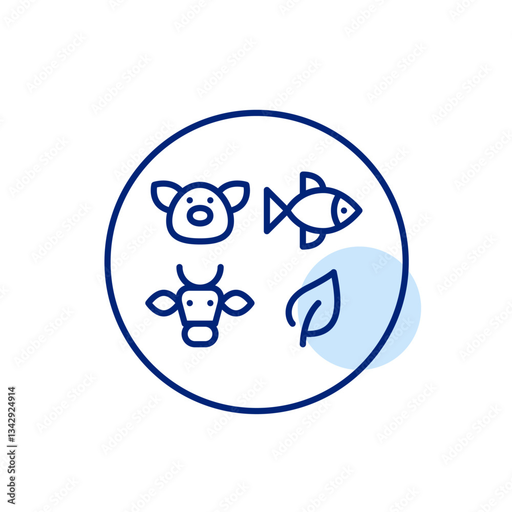 Pork, beef, fish or vegetables as sources of protein. Diet restrictions. Restaurant or takeaway menu. Pixel perfect, editable stroke vector icon Pork, beef, fish or vegetables as sources of protein. Diet restrictions. Restaurant or takeaway menu. Pixel perfect, editable stroke vector icon