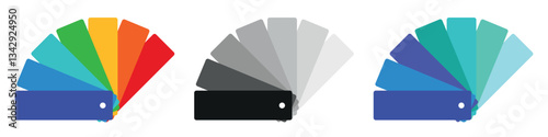 Color fans. Sample fan card set. Rainbow, monochrome black and white, shades of blue. Flat vector illustration isolated on white background.