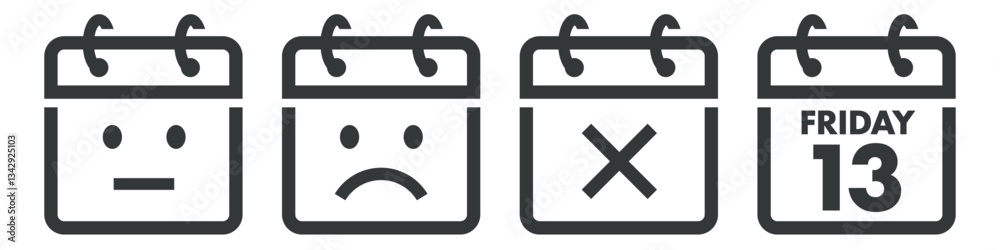 An unlucky day on the calendar icon set. Friday, 13. Bad luck, failure, grief. A sad event. Flat vector illustration isolated on white background. An unlucky day on the calendar icon set. Friday, 13. Bad luck, failure, grief. A sad event. Flat vector illustration isolated on white background.