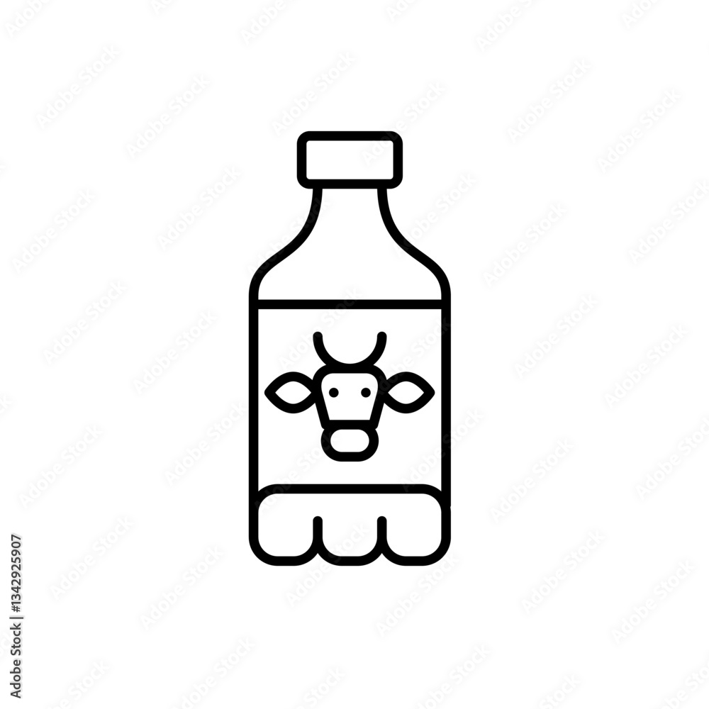 Milk bottle with cow head on it. Farmer dairy products. Shopping and food. Pixel perfect, editable stroke vector icon Milk bottle with cow head on it. Farmer dairy products. Shopping and food. Pixel perfect, editable stroke vector icon
