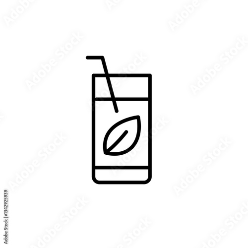 Drink in tall glass with straw and leaf. Eco green tea or lemonade. Pixel perfect, editable stroke vector icon