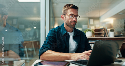 Obraz na płótnie Businessman, typing and laptop in office with night, overtime and writer at publishing agency. Proposal, journalist professional and deadline for news article, reporter and employee in workplace w salonie