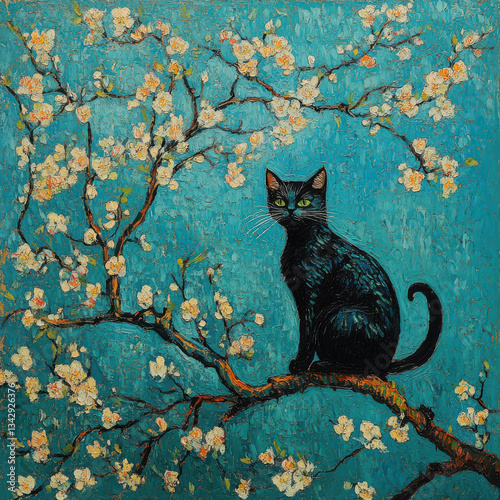 Obraz na płótnie black cat sits gracefully on branch adorned with delicate white flowers, set against vibrant blue background. scene evokes sense of tranquility and beauty, capturing essence of nature w salonie