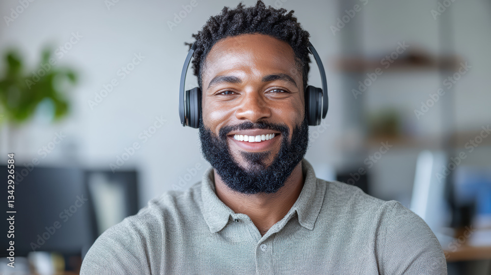 Naklejka premium smiling man wearing headphones in modern office setting