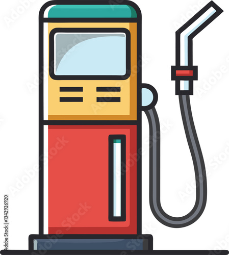 Colorful fuel pump vector with hose and nozzle, Vector illustration of a colorful fuel pump with a hose and nozzle, featuring a modern design and bright color scheme.
