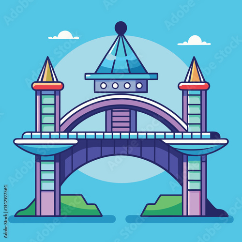 Colorful bridge vector with futuristic design, Vector illustration of a colorful futuristic bridge with geometric towers and vibrant design elements, set against a blue sky.
