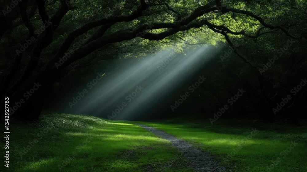 Obraz premium Sunlight filtering through a dense forest, illuminating a pathway