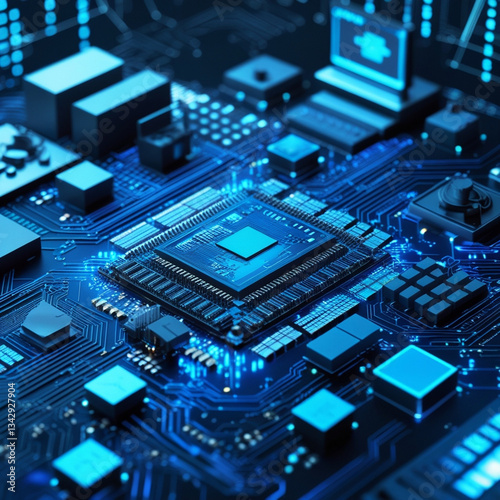 Wallpaper Mural A high-contrast, cinematic shot of a dense circuit board with glowing blue-tech hues, sharp metallic details, and moody lighting, evoking innovation and modern electronics. Torontodigital.ca